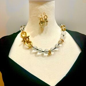 Carlisle NY “Sphere” Cut Crystal and Gold Necklace & Matching Earring Set RARE